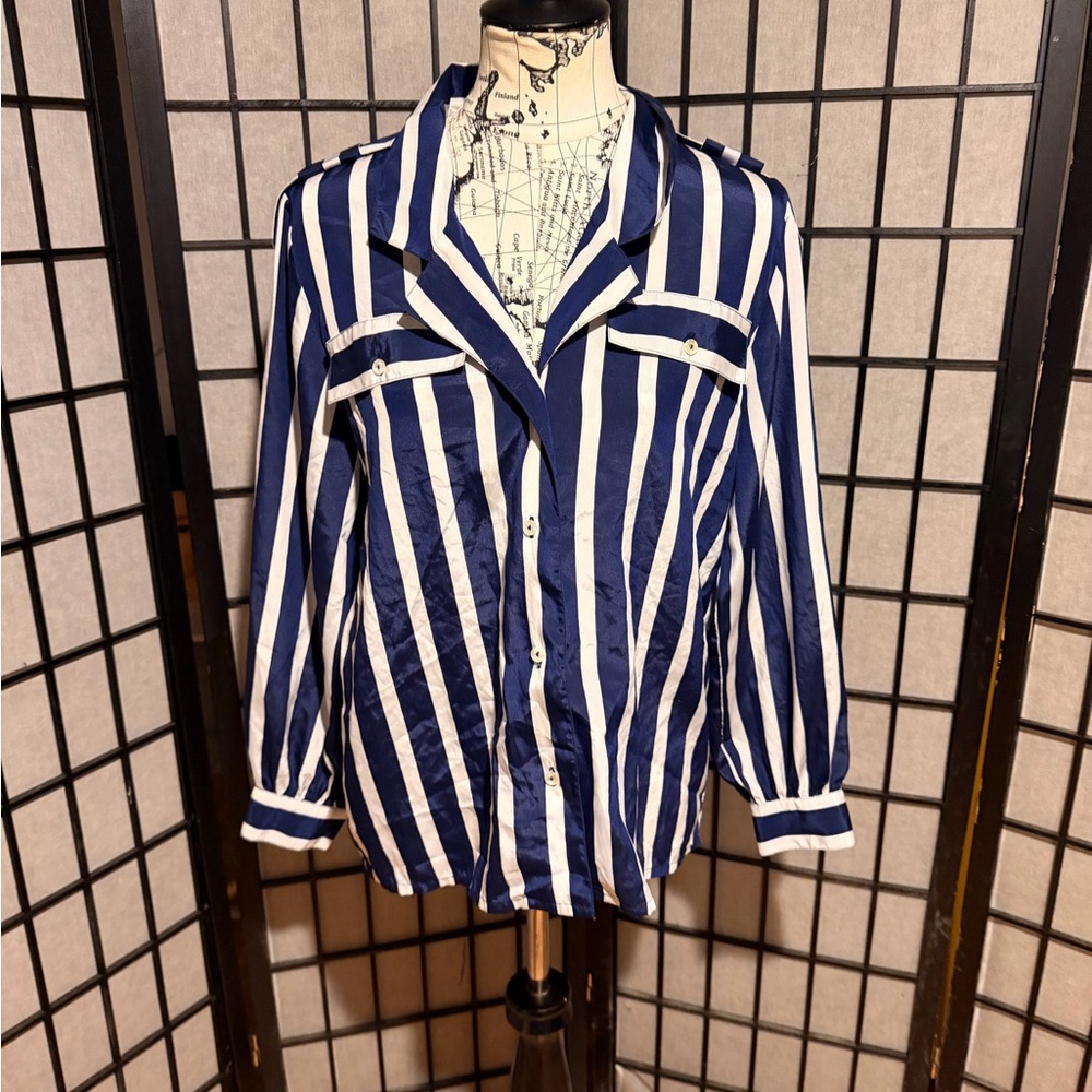 Josephine Vintage button down Navy/White Striped Women's blouse work office 8 - Picture 1 of 4